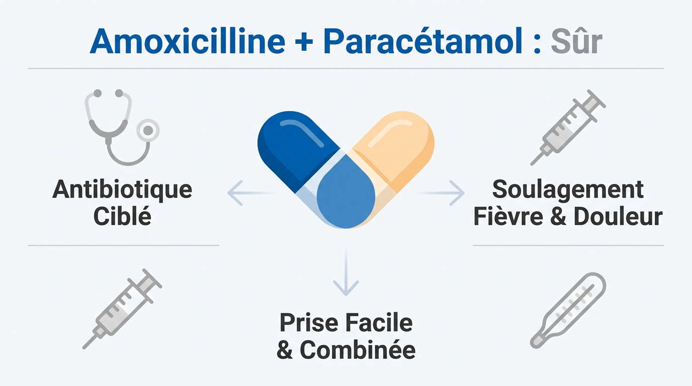 Boîtes de médicaments amoxicilline et paracétamol illustrant leur compatibilité