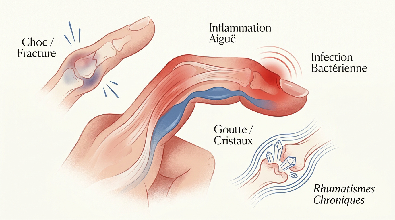 Schéma des causes de douleur et de raideur du doigt incluant traumatismes et arthrite