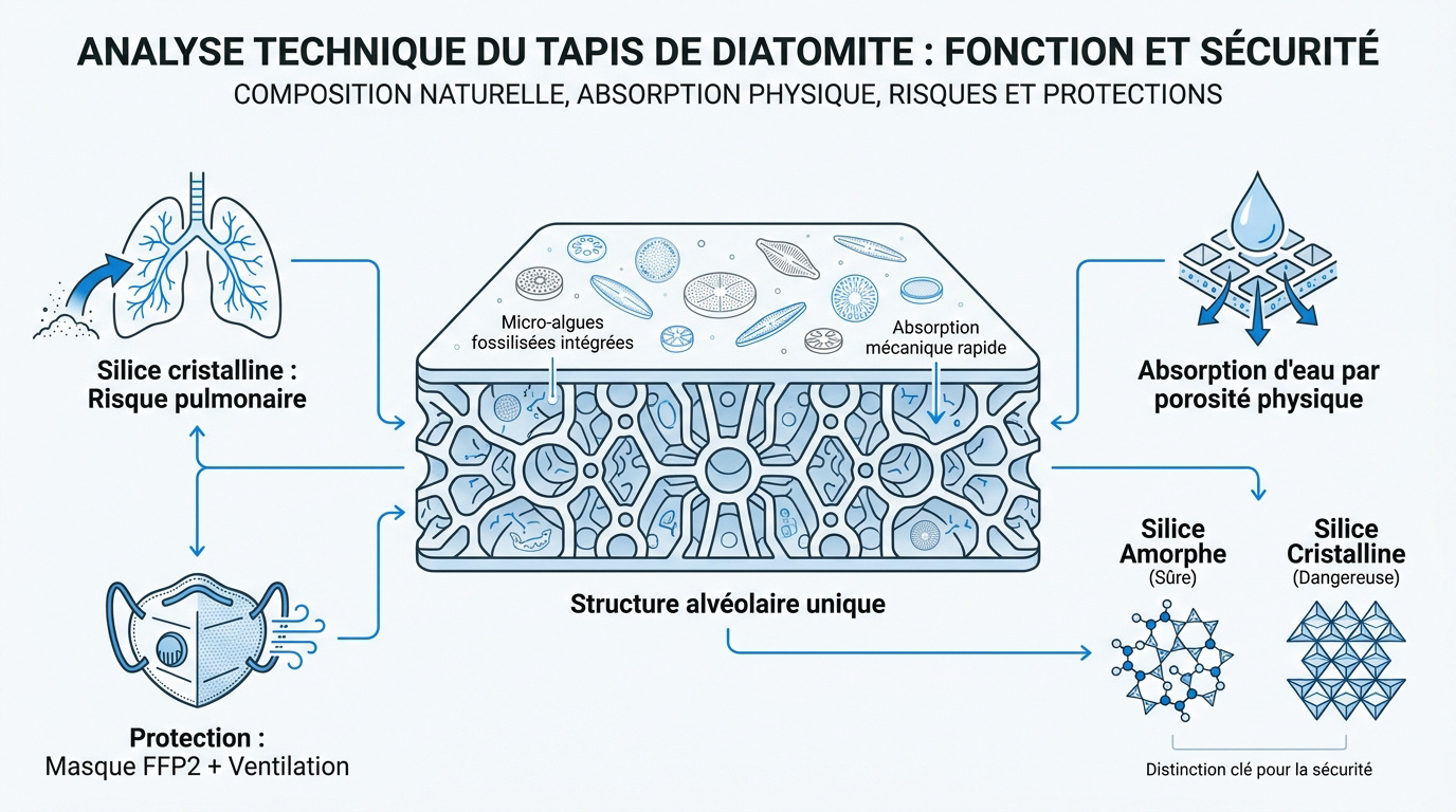 Schéma de la structure poreuse de la diatomite et absorption de l'eau