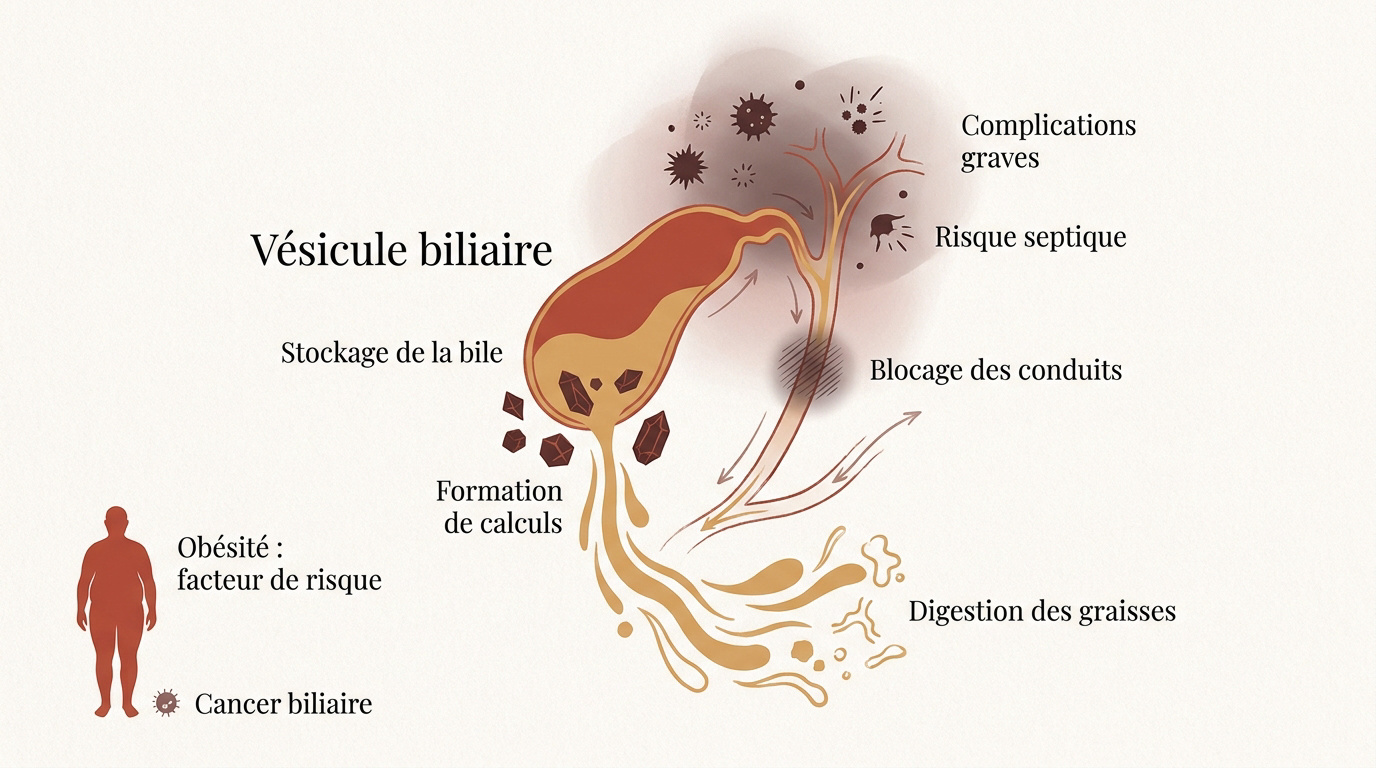 Schéma anatomique montrant le foie et la vésicule biliaire avec des calculs
